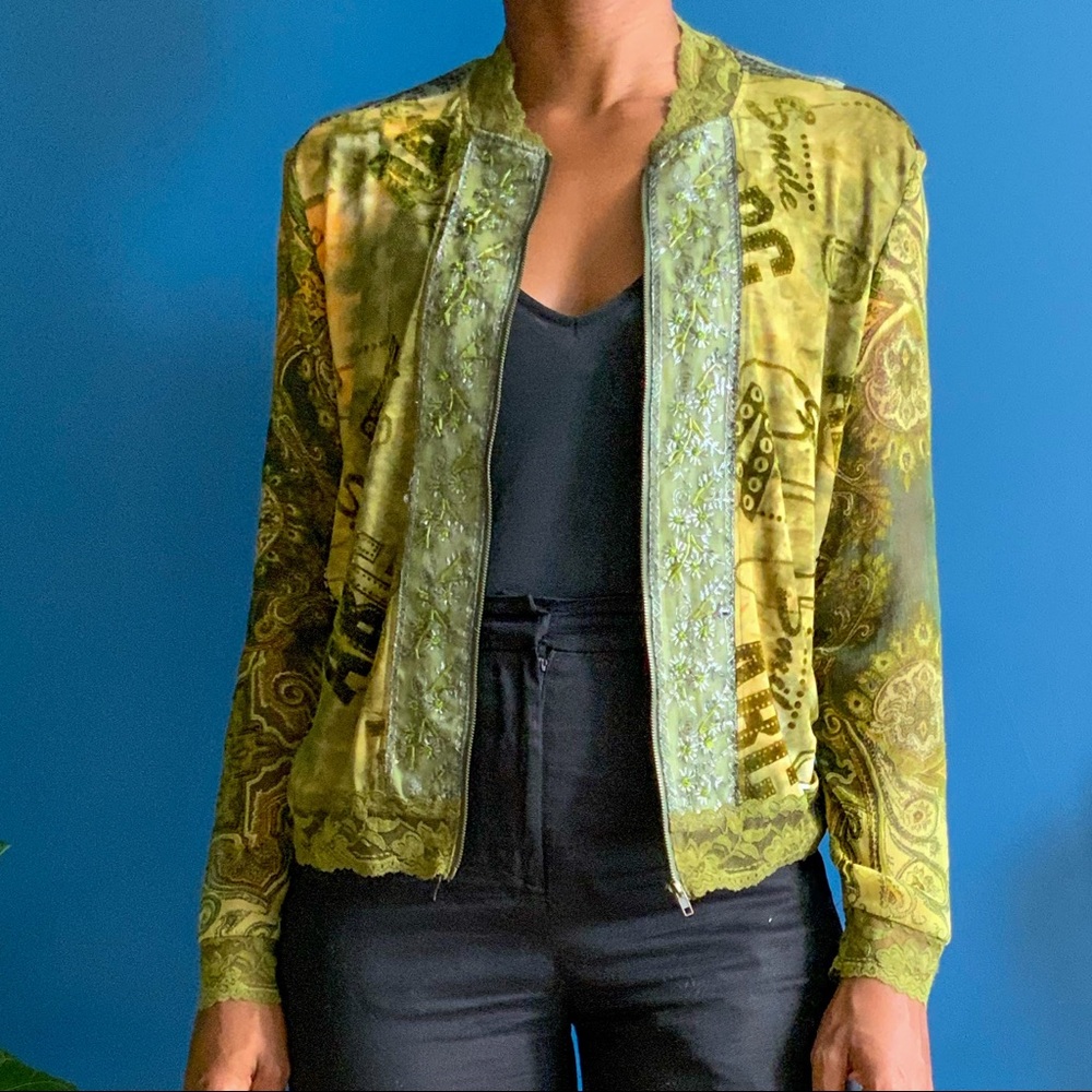 Jaipur Patterned Green Zip Up Jacket